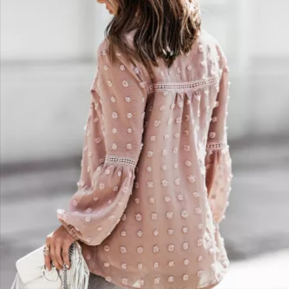 β€οΈπHPπNew Ruffled Swiss Dot Split Neck Ruffle Babydoll Blouse - Picture 4 of 16